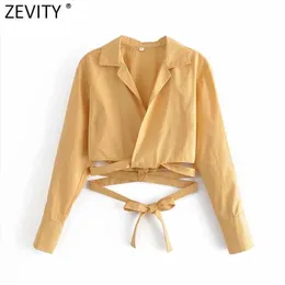 Zevity Women Cross V Nacke Solid Hem Bundet Design Korta Smock Blus Kvinna Långärmad Kimono Shirts Chic Crop Blusas Tops LS9252 210603