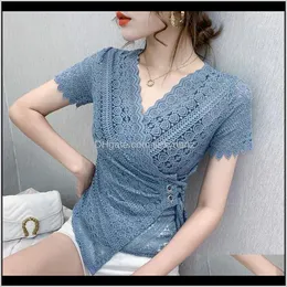 Womens Blouses Shirts Summer Women Clothes Shortsleeve Sexy Vneck Tie Rope Casual Shirt Fashion Crochet Lace Blouse Hollow Out Tops1 7 Ayc6H