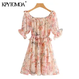 Women Chic Fashion Floral Print Ruffled Mini Dress Vintage Short Sleeves With Lining Female Dresses Vestidos Mujer 210416