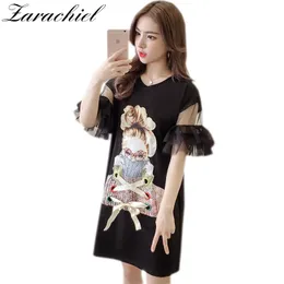 Mode sommar lång T-shirt Loose Korean Print Butterfly Sleeve Stitch Mesh Hollow Out Lace-up Toppar Kvinna Bomull T-shirt 210416