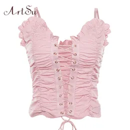 ArtSu Rosa Crop Top Donna Lace Up Sexy Summer Spaghetti Strap Top Cute Camis Ladies Summer Top Cami ASVE20530 210407