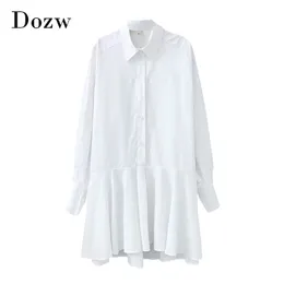 Women White Shirt Mini Dress Turn Down Collar Latern Long Sleeve Office Lady Pleated Cotton Casual Loose Vestidos 210515