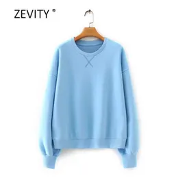 Zevity Women Simply Solid Color Lantern Sleeve Casual Bluzy Kobiet Basic O NEC Dzianiny Bluzki Chic Pullover Topy S318 210603