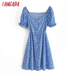 Tangada Women Blue Floral Print Summer Beach Sukienka Puff Krótki Rękaw Ladies Vestidos 3A151 210623