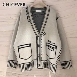 CHICEVER Casual Loose Sweaters For Women Print V Neck Long Sleeve Plus Size Elegant Cardigans Female Fashion Clothing Style 211103