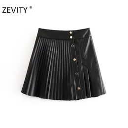 Zevity Frauen Vintage Hohe Taille PU Leder Falten Mini Rock Faldas Mujer Damen Front Tasten Casual Marke Chic Röcke QUN689 210629