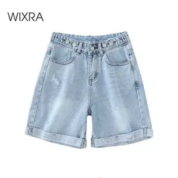 Wixra Summer Blue Demin Shorts Button Pockets High Waist Casual Streetwear Women 210611