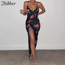 Nibber Flower Maxi Dress Women Sexig Slim Side Slit Drawstring Elegant Hot Summer Beach Style Party Midnight Club Fashion Outfit Y0726