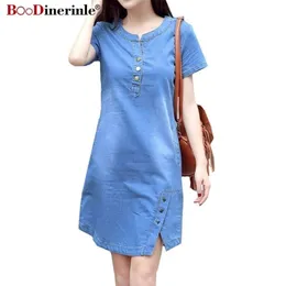 Coreano Plus Size Denim Dress para Mulheres Vestido de Verão Casual com Botão Bolso Sexy Mini Jeans Vestido 3xL 4XL Boodinerinle 210409