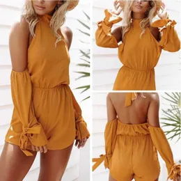 Mode Kvinnor Sexig Backless Playsuit Summer Beach Loose Yellow Rompers Sexig Bow Bodysuits Kvinna Casual Jumpsuit