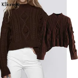 Klkxmyt Za Truien Vrouwen Mode Met Pompoms Gebreide Trui Vintage Lange Mouwen O Hals Vrouwelijke Truien Chic Tops 210527