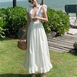 LDYRWQY summer Thailand beach white backless waist deep V sexy fashion dress Office Lady Polyester 210416