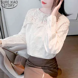 Apricot Frauen Spitze Bluse Aushöhlen Tops Vintage Kleidung Frühling Elegante Oansatz Kausalen Langarm Blusas 13209 210417