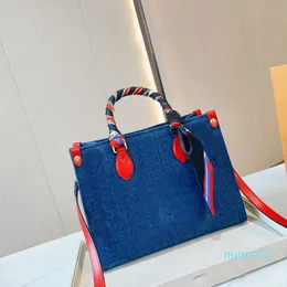 KLASSISCHE Top-Mami-Tasche in Einzelqualität, große Denim-Bastel-Einkaufstaschen, Damen-Tragetasche mit Buchstabendruck, lange Schultergurte