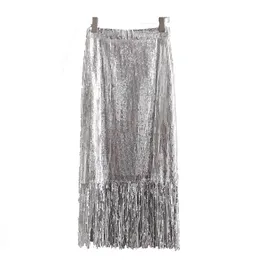 Women's Fashion Over-The-knee Sequined Temperament Fringe Skirt High Waist Mid-Length Slim Wrap Hips Silver Metal Bling 210521