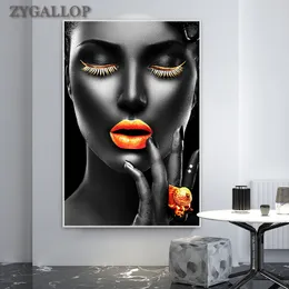 Black Woman Golden Lips Canvas Painting On the Wall Noble Women Picture Prints Canvas Poster Modern Art Pictures for Home Design