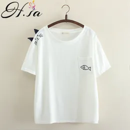 H.SA Japan Style Kawayi Women T-shirt Tops O-Neck Embroidery Fish Cotton TShirt Spring Summer Shirts Befree Top Tee 210417