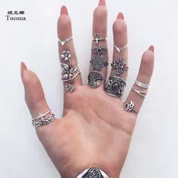 Tocona 14pcs / set vintage antik silver färgring för kvinnor rose solrosor kors geometriska böhmen smycken 4 6391