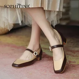 SOPHITINA Spring Autumn Mary Janes Pumps Woman Shallow Square Toe Low Square Toe Buckle Strap Pearl Dress Shoes PO909 210513