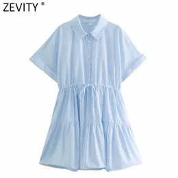 Zevity 여성 솔리드 컬러 허리 Drawstring Pleats Shirtwaist 드레스 여성 세련된 짧은 소매 캐주얼 기모노 미니 Vestido DS8164 210603