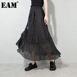 [Eam] hög elastisk midja svart pläterad lång chiffong temperament halv kropp kjol kvinnor mode vår sommar 1dd8336 21512
