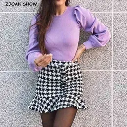 Sexy Tweed Open Buttons Pakiet biodra Sprawdź kratę mini krótki spódnica trąbka syrenka czarny biały kontrast kolor jesień zima 210429