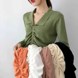 Kvinnor Toppar Koreanska Stil Höst Vinter Slim-Fit V Krage Långärmad Stickad Lace Up Solid Färg Pullover Tröja 200g 210420