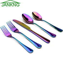 jankng 5pcs/set cutlery setマルチカラーレインボーカトラリーセットブラックステンレス鋼食器セットテーブルナイフフォークサービス1 x0703