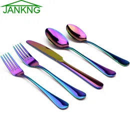 JANKNG 5 sztuk/zestaw zestaw sztućców Multicolor Rainbow zestaw sztućców czarny zestaw obiadowy ze stali nierdzewnej nóż stołowy widelec usługi dla 1 X0703