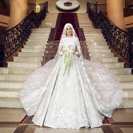 2022 Arabic Bridal Wedding Gowns Ivory Muslim Long Sleeve Lace Appliques Chapel Train Vestido De Novia