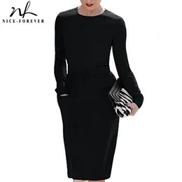 Nice-Forever Primavera Mulheres Preto Cor Com Bolso Elegante Vestidos Negócios Bainha De Escritório Slim Vestido Vintage G456 210419