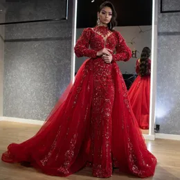 Glitter Red Evening Dresses na Arabskie Kobiety 2021 Vestidos de Fiesta Noche Koraliki Prom Pageant Formalna Suknia Tulle Wymienny pociąg