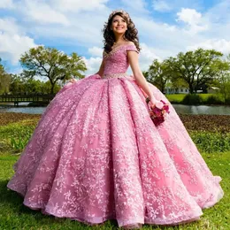 Charming Floral Appliques Lace Quinceanera Dresses Crysta Sweet 16 Gowns Beading Waist Vestidos XV Años