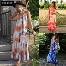 Isarose Bohemian Maxi Sukienka dla Kobiet V Neck Summer Sundress Lady Wakacje Widok na Casual Boho Tie-Barwione Plaża Długie Suknie L XL 210422