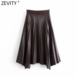 Kjolar ZeVity Women Vintage High Waist Side Zipper Pläterad Midi Skirt Faldas Mujer Office Ladies Faux Läder Chic Vestido Qun747