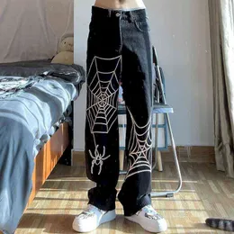 Pantalones vaqueros de estilo hip hop para hombre y mujer pantaln holgado cintura alta pierna ancha con estampado telaraa renk 0214