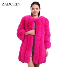 Zadorin S-4XL Vinter Luxury Faux Fur Coat Slim Lång Rosa Röd Blå Faux Fur Jacka Kvinnor Fake Fur Coats Manteau Fourrure 210817