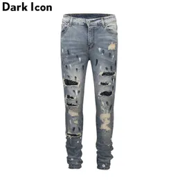 Mörk ikon rippad beläggning smal passform high street jeans män hi-end mode nit på knä cool jeans denim män byxor 2 färger 210622