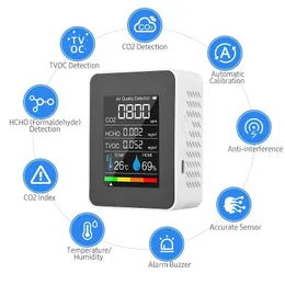 Analizzatori di gas Monitor portatile della qualità dell'aria Rilevatore di CO2 per interni 5 in 1 Tester di formaldeide HCHO TVOC Misuratore di umidità della temperatura LCD