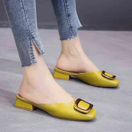 Tofflor Chinelos Das Mulheres Elegantes Salto Baixo Fivela Slip på Confortvel Pu Sapatos de Escritrio Vero Mulheres 220307