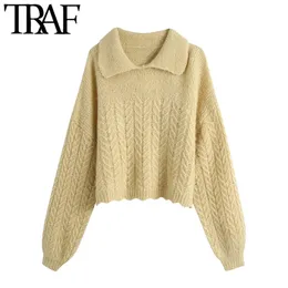 Женская мода свободный асимметричный обрезанный вязаный свитер винтажный отворотный воротник с длинным рукавом женские пуловеры шикарные вершины 210507
