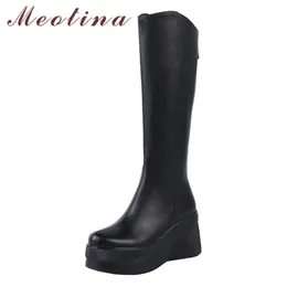 Winter Knee High Boots Women Natural Genuine Leather Platform Wedge Heel Long Zip Super Shoes Lady Fall 210517
