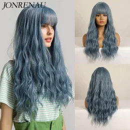 Long Wavy Blue Synthetic Wigs With Bang For Women Party Daily Use Cosplay Curly Wig Natural Wave Hair