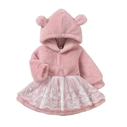 Tjejens klänningar BMNMSL Baby Girls Spring Klänning Långärmad Patchwork Mesh Layer Knappar Hoodie Fall / Winter Plush Sweet Outfits