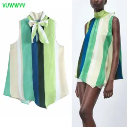 VUWWYV Fashion Flowing Striped Satin Top Women Summer Chic Runway Sleeveless Blouses Woman Bow Tie High Street Long Tops 210430