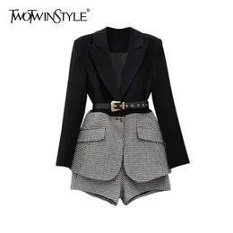 TWOTWINSTYLE Korean Patchwork Plaid Two Piece Set For Women Lapel Long Sleeve Sashes Blazer Wide Leg Shorts Casual Sets Female 211221