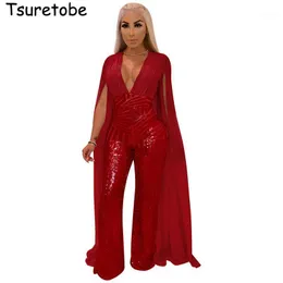 Kvinnors Jumpsuits Rompers Tsuretobe Cloak Sequin Wide Leg Jumpsuit för Women V Neck Sexig Elegant Backless Party Club Lace Bodysuit Vestido