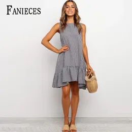 Summer Women Sleeveless Gray Blue Plaid Round Neck Ruffle Dress Holiday Casual Mini Dresses Vestidos de mulher robe Female 210520