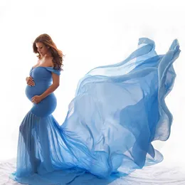 Pregnant Dress New Maternity Photography Props For Shooting Photo Pregnancy Clothes Cotton+Chiffon Off Shoulder Half Circle Gown Q0713