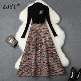 Samica Runway Runway Moda Jesień Zima 2 Sztuka Sukienka Zestaw Kobiety Długość Kostki Długość Stroje Party Czarny Sweter Dzianiny Sweter Top I Długi Tweed Woolen Spódnica Karusty Twinset